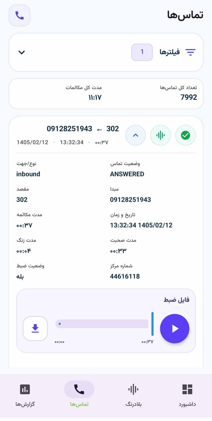 Call detail screen in the CCMS Android app